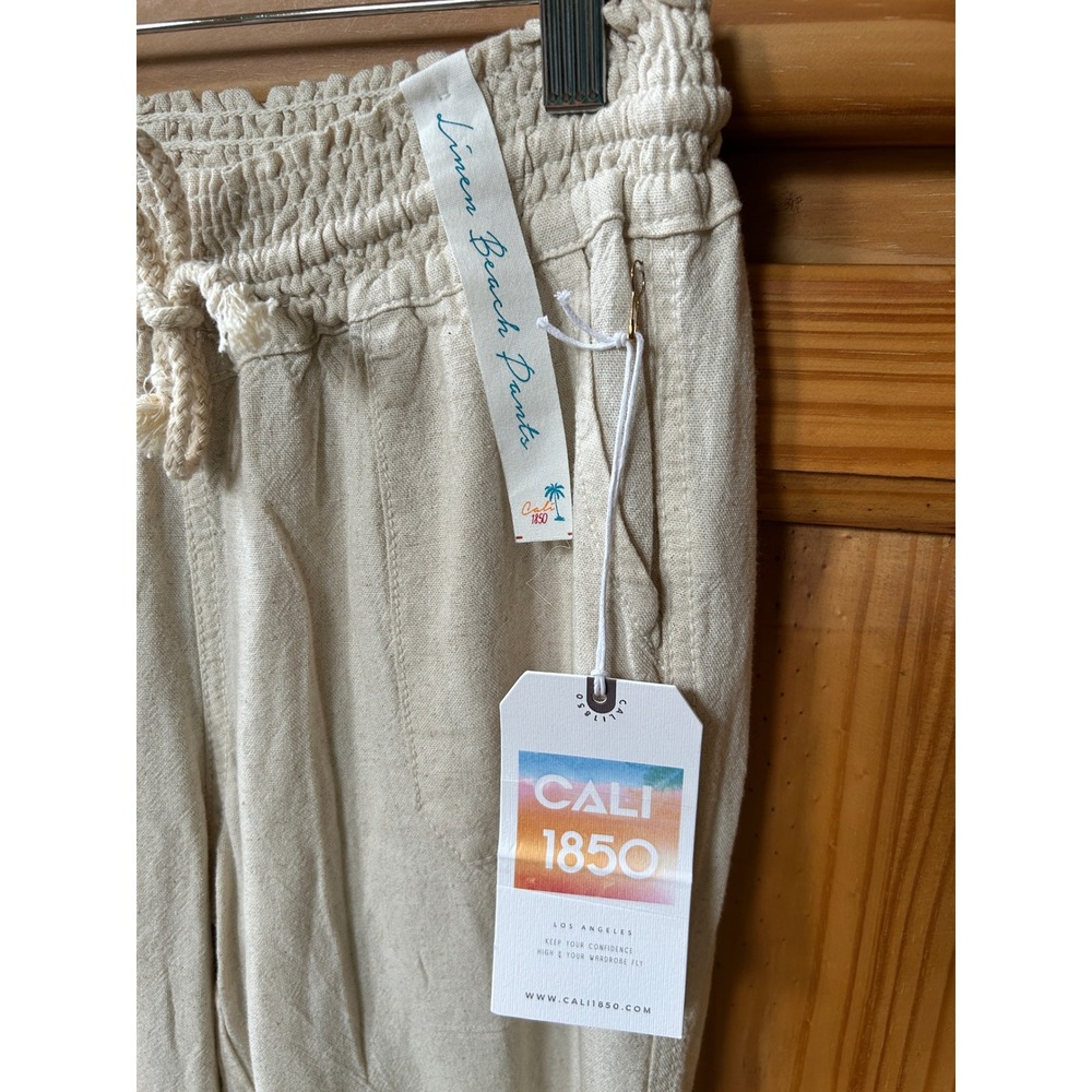 Cali 1850 Linen Beach Pants Oatmeal Beige Smocked Womens M NWT - Picture 2 of 10